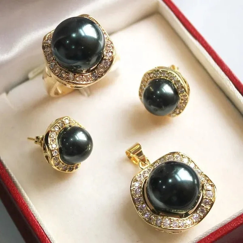 wholesale noble South Sea Shell Pearl 10-14mm Pendant Earrings Ring Set & stud earring jewelry set necklace 5 colors choose