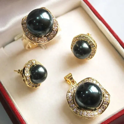 wholesale noble South Sea Shell Pearl 10-14mm Pendant Earrings Ring Set & stud earring jewelry set necklace 5 colors choose
