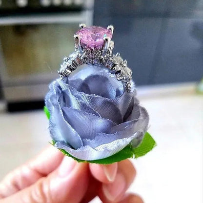 Women 925 Silver Plated Pink CZ Sapphire Wedding Birthstone Bride Flower Jewelry Ring Size 6-10