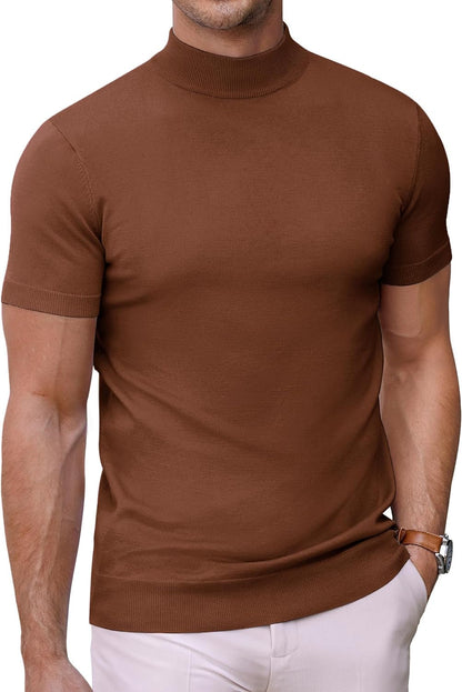 Mens Mock Turtleneck Sweater Short Sleeve Solid Color T-Shirts Basic Slim Fit Knitted Pullover Tees