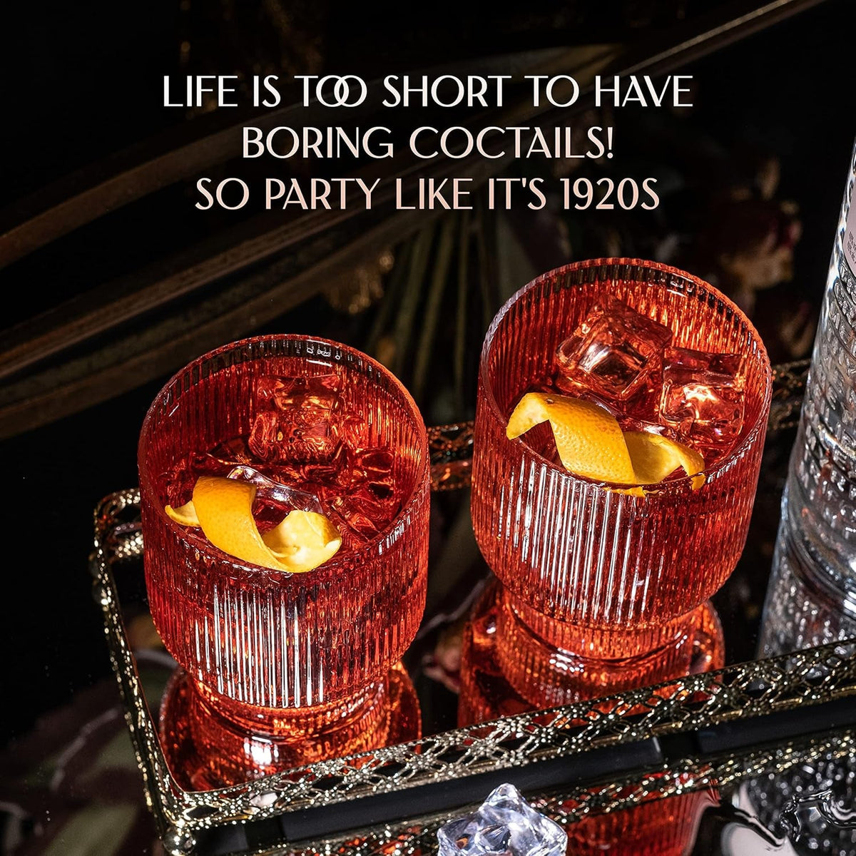 Vintage Art Deco Ribbed Lowball Cocktail Glasses | Set of 4 | 12 Oz Crystal Double Old Fashioned Tumblers for Drinking Classic Whiskey, Gin, Vodka Bar Drinks | round Glassware