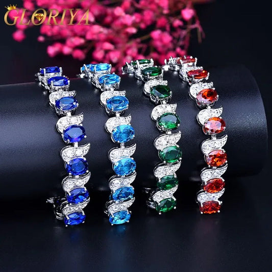 Gloriya 2024 New 925 Sterling Silver Plated Tennis Bracelets For Women Summer Fashion Colorful Crystal Rhinestone Hand Jewelry（Size :18 cm Or 20.5 cm）
