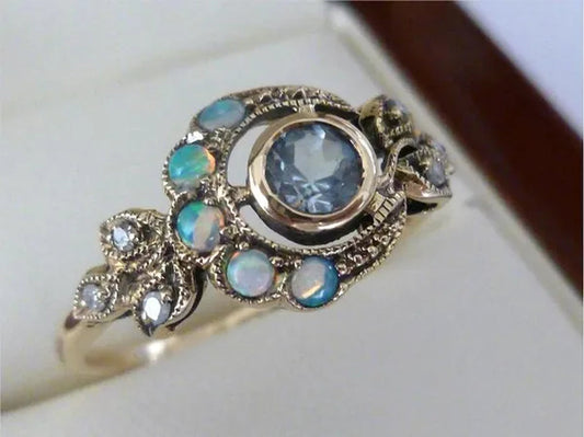 Antique Style Women's Vintage Gold Plated Aquamarine & Opal Moon Ring Anniversary Gift Engagement Bridal Wedding Jewelry Rings Size 5-10