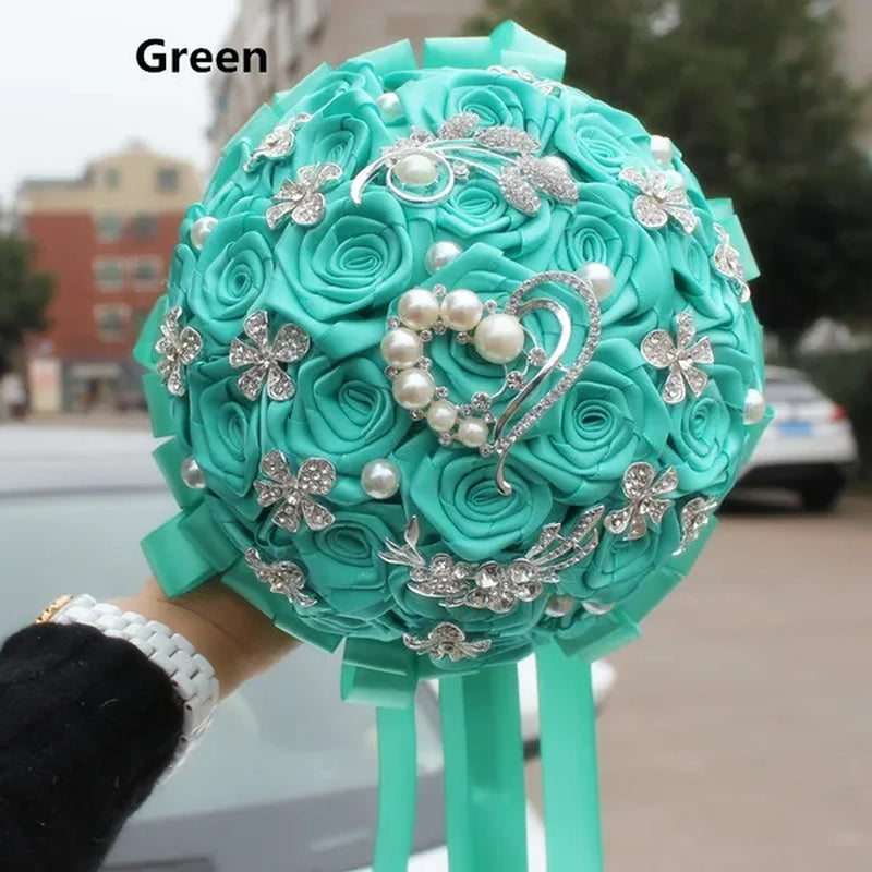 18CM Crystal Wedding Bouquets 100% Handmade Durable Holding Artificial Flowers Diamond Brooch Pearl Bridal Bouquets