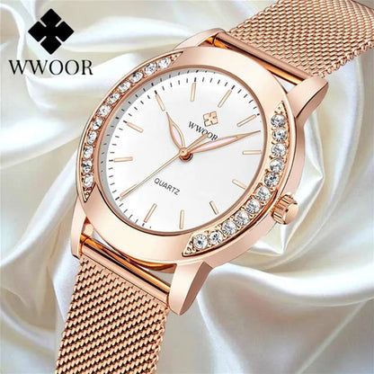 WWOOR Luxury Crystal Ladies Bracelet Watches Top Brand Fashion Women Quartz Watch For Women Rose Gold Mesh Band Wrist Watch Montre Femme