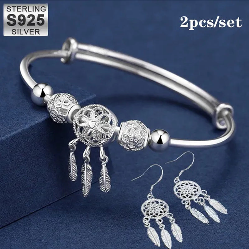 NEW 925 Sterling Silver Dreamcatcher Tassel Feather Round Bead Charm Bracelet & Bangle Earrings for Women Elegant Jewelry Set Gifts