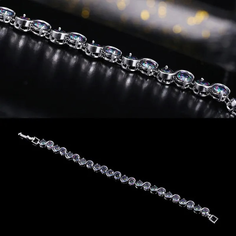 Gloriya Perfect Round Cut Mystic Rainbow Crystal Bangle Bracelets for Cocktail Party Lady Fashion CZ Silver Plated Jewelry Gifts