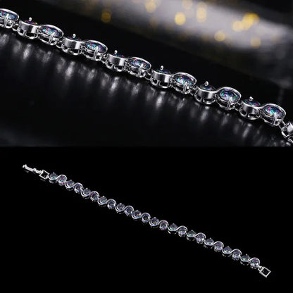 Gloriya Perfect Round Cut Mystic Rainbow Crystal Bangle Bracelets for Cocktail Party Lady Fashion CZ Silver Plated Jewelry Gifts