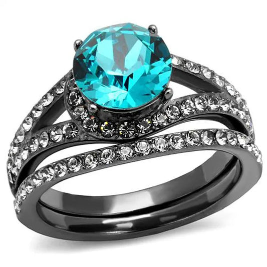 2.39 Ct Blue Zircon Crystal Gray Stainless Steel Wedding Ring Set Women's Size 5-10