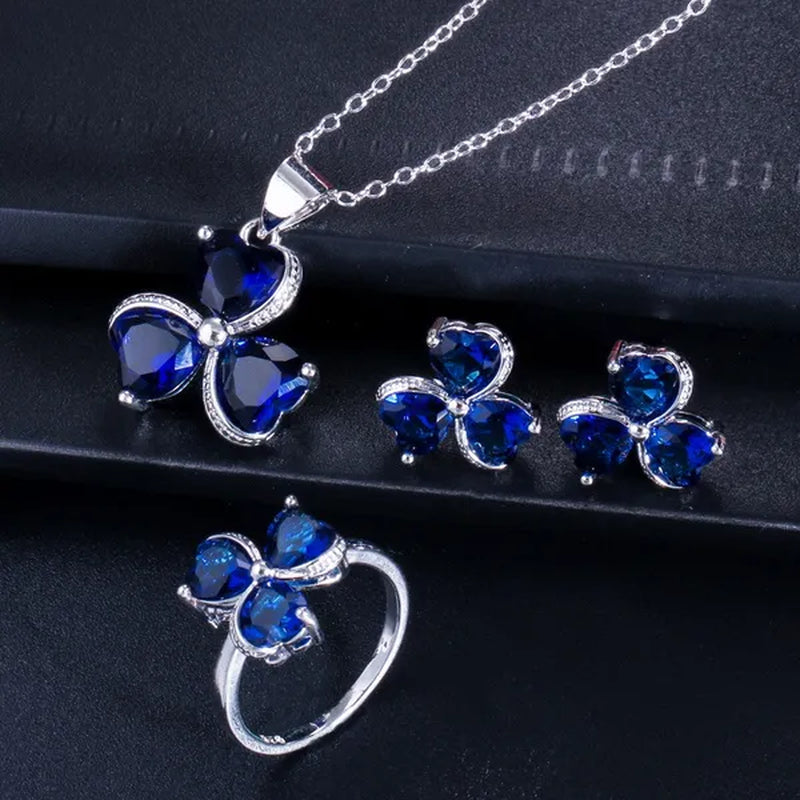 CANDICE Sterling Silver Plated Heart Shape Jewelry Set Pave Austrian Purple Pink Champagne Crystal Drop Dangle Necklace Earrings Ring Sets for Women Girls