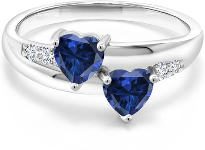 1.30 Cttw Blue Created Sapphire and White Lab Grown Diamond Ring for Women | 925 Sterling Silver | 5MM Heart Shape | Available in Size 5, 6, 7, 8, 9