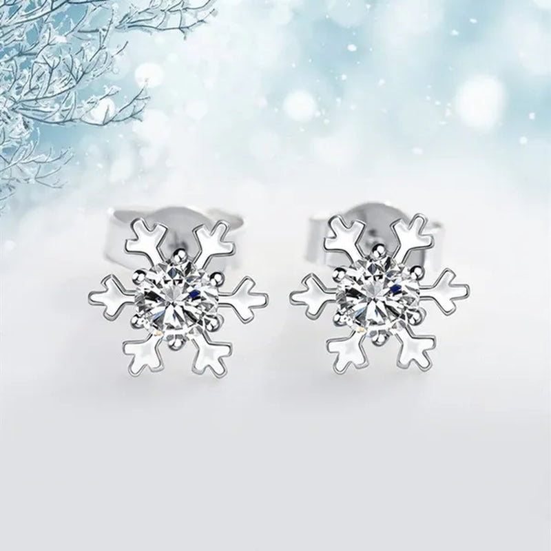 Romantic Snowflake Earrings 14K White Gold 7mm Diamond Embellishment Flower Ear Studs Christmas Decor Gifts