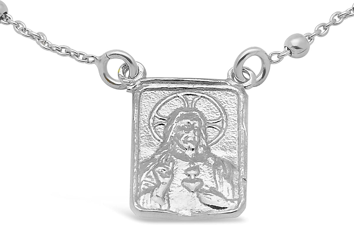 FRONAY Sterling Silver Scapular Necklace for Women, Sacred Heart of Jesus & Our Lady of Mount Carmel Medal, Double Sided Single Pendant, 16 Inches