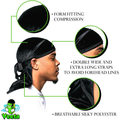 Superior Velvet Durag - Soft Velvet Durags for Men & Women, Long Double Wide Straps, Silky Durag Liner, Triple Stitched
