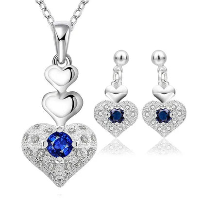 Woman Party Wedding Jewelry Sets 925 Sterling Silver Blue Crystal Heart Pendant Necklace Earrings Classic Fashion Gift