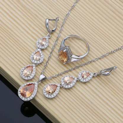 925 Sterling Silver Jewelry Set Natural Champagne Topaz Gemstone Charm for Women Wedding Jewellery