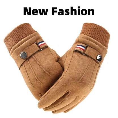 Men's Winter Gloves Suede Warm Split Finger Gloves Outdoor Sport Driving Buckle Design Male Touch Screen Mittens