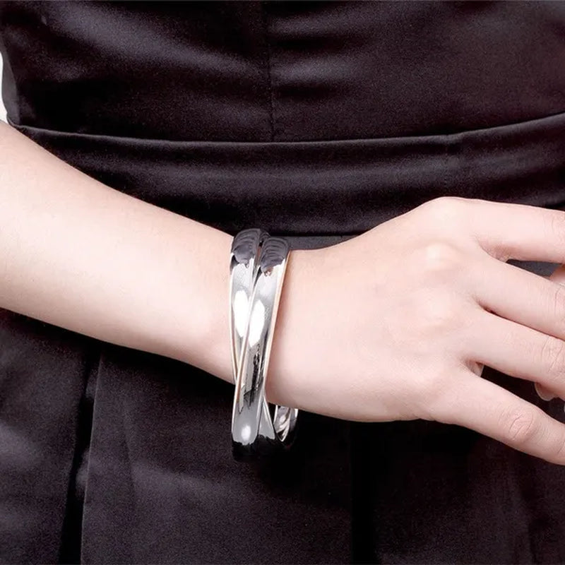 2019 New Pure 925 Sterling Silver Two Round Circle Bracelets Bangles Women Men Fashion Jewelry Gift