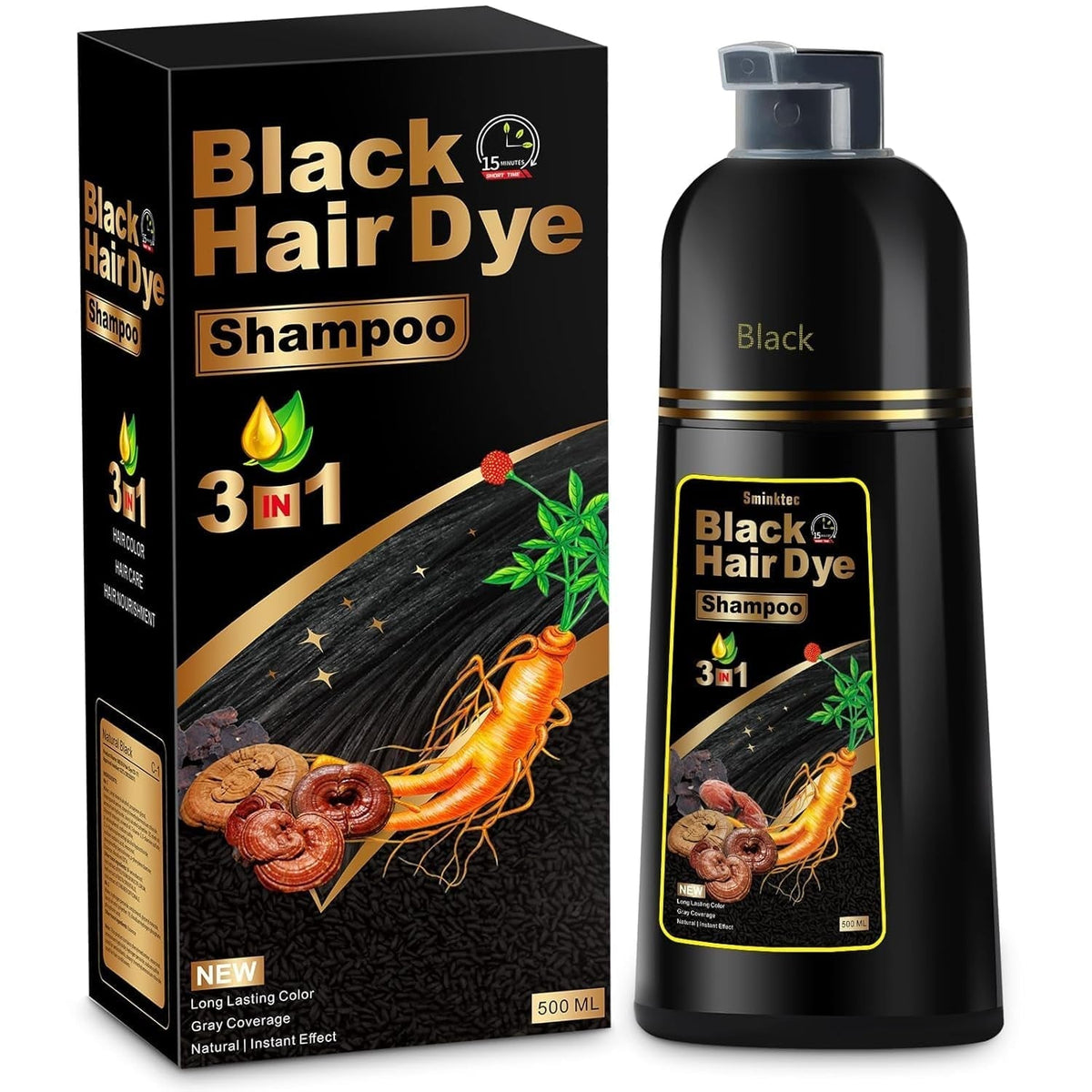 Black Hair Dye Shampoo for Gray Hair, 3 in 1 Black Hair Dye for Women Men, Herbal Gray Coverage, 500Ml (Black)