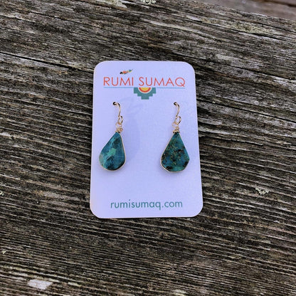 Chrysocolla Earrings Gold Filled Wire Wrap Dangle Blue Green Teardrop Stones - Handmade Healing Crystal Gemstone Jewelry Gift for Women by