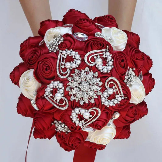Exquisitely Handmade Ribbon Diamond Bridesmaids Holding Flowers 21CM Pearl Rhinestone Brooch Bridal Bouquet Artificial Silk Rose Wedding Flower Bouquet