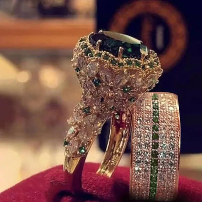 2pcs/Set Luxury Exquisite Rings Fashion Jewelry Women's Gold Plated Ring Green Cubic Zirconia Ring Set Wedding Bridal Engagement Ring Set Anniversary Party Christmas Gift Ring Set Jewelry Size US 5-11