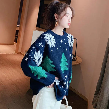 VANGULL Brand Women Christmas Snowflake Pullover Sweater Autumn Winter Thicken Casual Soft Loose Round Neck Long Sleeves Knitted Top