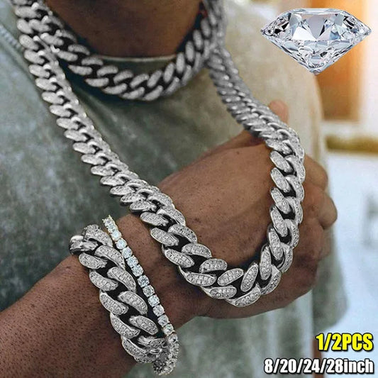 Men's Hip Hop Miami Necklace 24K Gold Plated 925 Silver 1/2PCS Necklace Bracelet Ice Sparkling Diamond Jewelry Cuban Link Chain 8/20/24/28inch