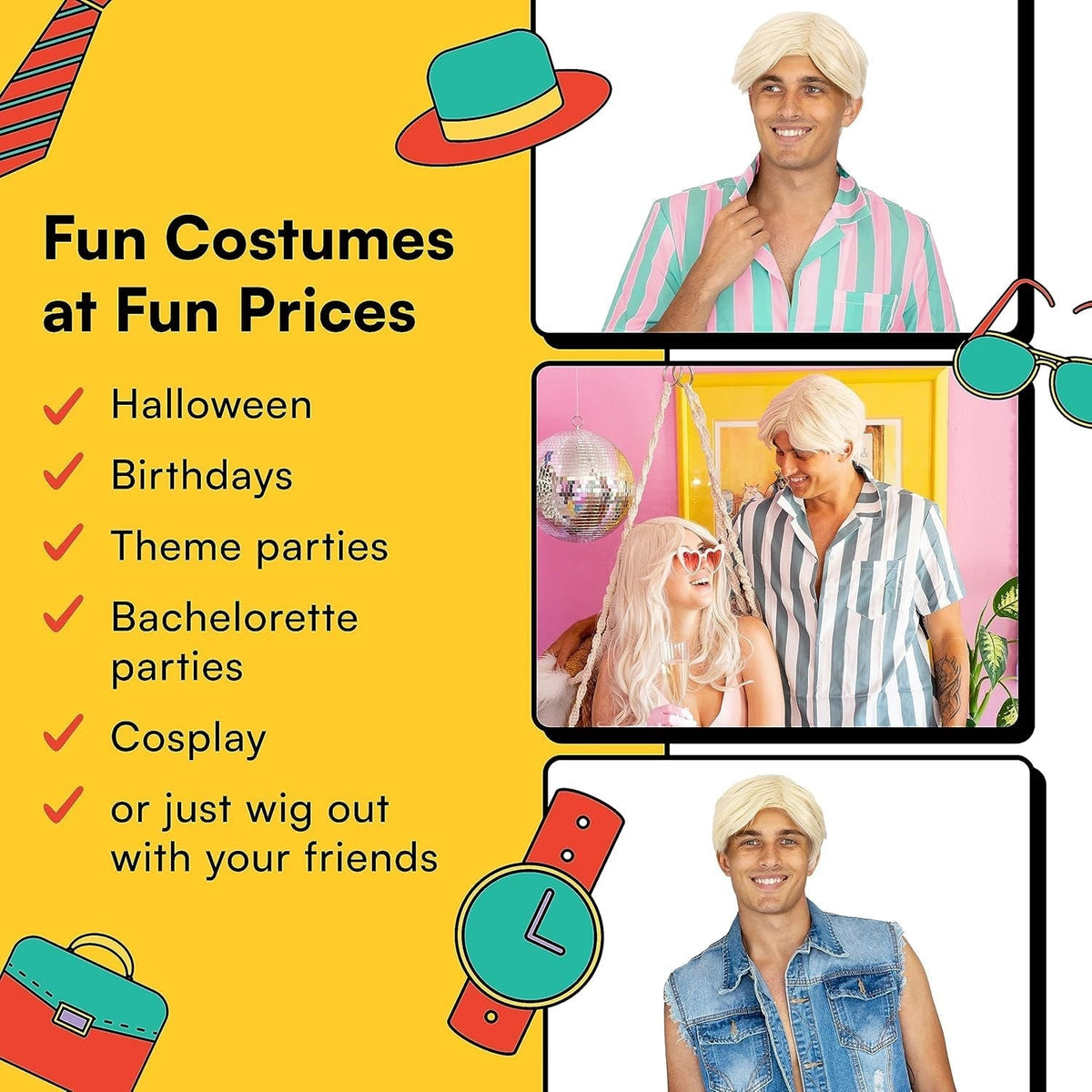 '- Blonde Beach Dude Wig - Short Synthetic Layered Bleach Blond Doll Costume Hair for Men with Adjustable Wig Cap