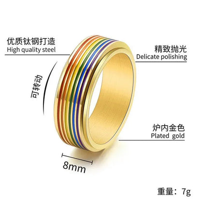 Women Men Multicolor Stripes of Rainbow Stainless Steel Spinner Ring Gay Lesbian LGBT Pride Rings Engagement & Wedding Band Valentines Gift Silver / Gold / Black Size 6-12