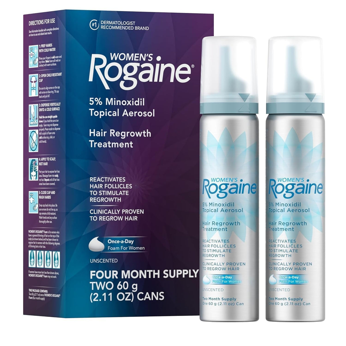 Women'S  5% Minoxidil Foam, Topical Once-A-Day Hair Loss Treatment for Women to Regrow Fuller, Thicker Hair, Unscented, 4-Month Supply, 2 X 2.11 Oz
