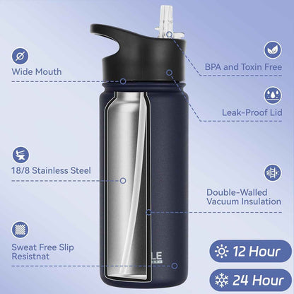 Insulated Water Bottle Kids 16 Oz Double Wall Vacuum Stainless Steel Water Bottle Leak Proof for School Wide Mouth with Straw Lid & Spout Lid Keeps Cold and Hot(Navy,1Pack)