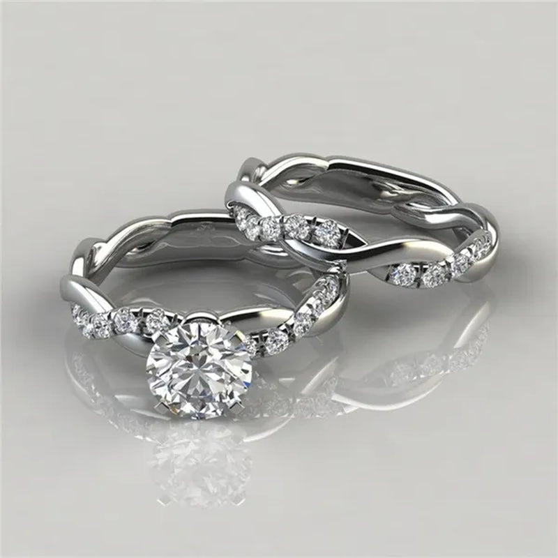 Women's Dainty  Twist Round Cut White Sapphire Ring Set Bridal Engagement Diamond Ring Wedding Band Anniversary Gift Banquet Party Jewelry Ring Size 5-11