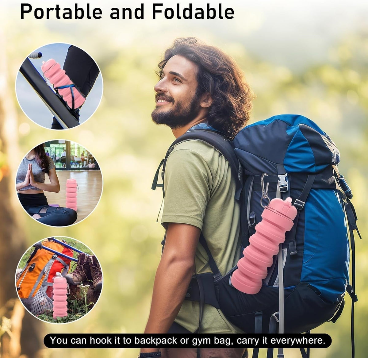 Collapsible Water Bottle 20Oz, Travel Portable Sport Water Bottle, Silicone Reusable Leakproof Foldable Water Bottles for Gym Camping Outdoor Hiking, BPA Free