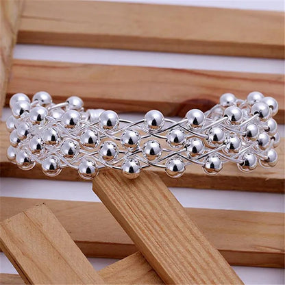 925 Sterling Silver Smooth Round Beads Hand-woven Four-row Wide Face Bangle Bracelet Fashion Charm Party Jewelry