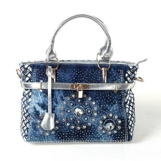Womens Handbag Large Oxford Shoulder Bags Patchwork Jean Style and Denim Diamond Decoration Totes