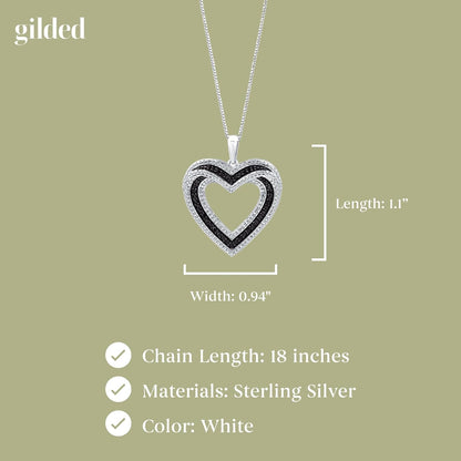 Sterling Silver Necklace with Natural Round-Cut Black Diamond and Heart Shaped Pendant, 18-Inch White Silver Chain, 1/4 Carat Total Weight Diamonds, Elegant Gift Box Included