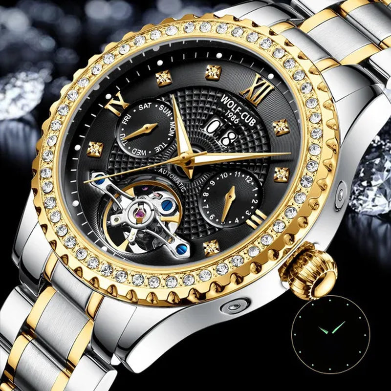 WOLF-CUB New Men Luxury Diamond Watch Full Gold Watch Tourbillon Mechanical Watch Automatic Watch Stainless Steel Waterproof Luminous Relogio Masculinos