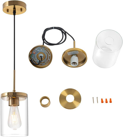Gold Pendant Light Fixtures,5 Inch Globe Pendant Lights Kitchen Island with Clear Glass,Hanging Lights for Kitchen Island, Dining Room, Bedroom, Hallway, Farmhouse - 2 Pack