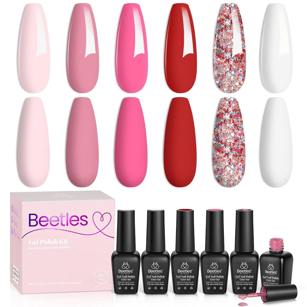 Beetles Pink Gel Nail Polish Set -6 Colors Pink Gel Polish Nail Kit Red Nude Pink White Glitter Color Gel Fall in Love Collection Soak off Uv LED Nail Lamp Gift for Women & Girls