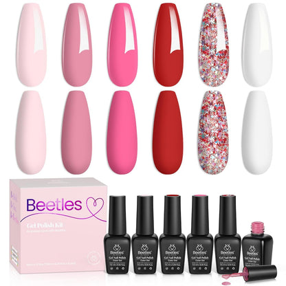 Beetles Pink Gel Nail Polish Set -6 Colors Pink Gel Polish Nail Kit Red Nude Pink White Glitter Color Gel Fall in Love Collection Soak off Uv LED Nail Lamp Gift for Women & Girls