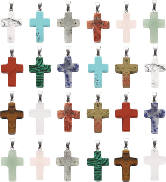 24 Pieces Healing Crystal Heart Moon Cross Shaped Pendants Necklace Charms for DIY Jewelry Making Natural Quartz Stones Chakra Love Beads Bulk