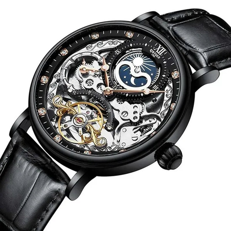 KINYUED Mechanical Automatic Watch Men Tourbillon Wristwatch Sports Clock Mechanism Self Winding Watches Casual Moon horloge man watches