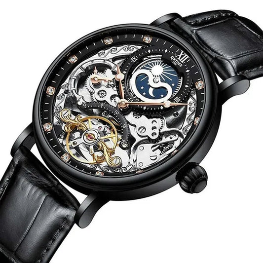 KINYUED Mechanical Automatic Watch Men Tourbillon Wristwatch Sports Clock Mechanism Self Winding Watches Casual Moon horloge man watches