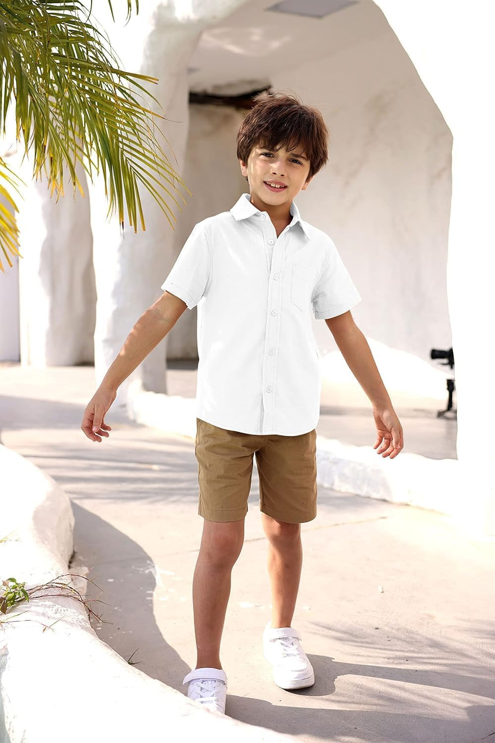 Boys' Long Sleeve Dress Shirts Classic Collared Button-Down Tshirt Solid Cotton Top with Chest Pocket