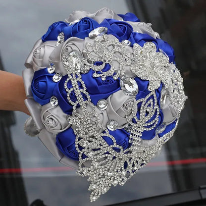 21CM Creative Ribbon Silk Rose Bride Holding Flowers Rhinestone Brooch Tassel Wedding Bouquet Wedding Party Bridal Bouquet Photography Props