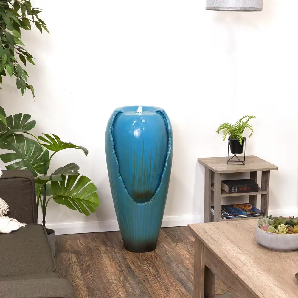 33 In. Tall Water Jar Fountain with LED Light, Turquoise