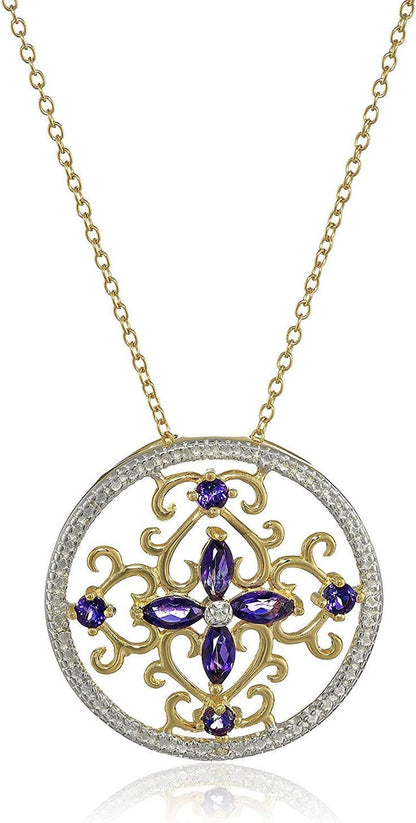 18K Yellow Gold-Plated .925 Sterling Silver Diamond-Accented Gemstone Floral Filigree Cross round 1" Pendant Necklace on 18" Chain - Choice of Birthstones