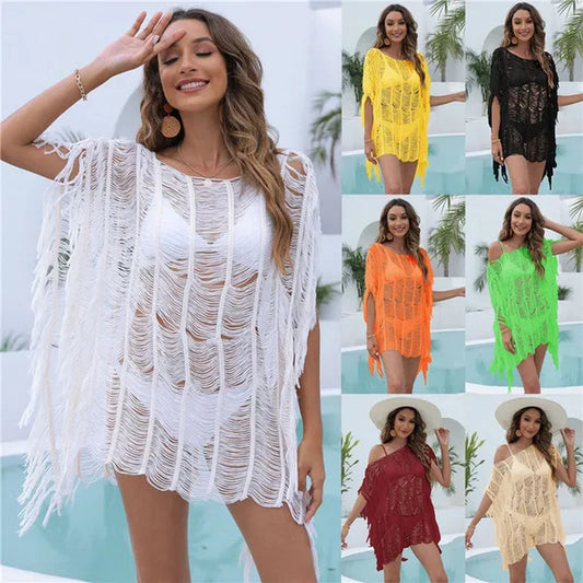 Fashion Women Summer Beach Bikini Cover up Hollow Out Knitted Tassel Sweater Dresses Swimwear Irregular Covers（7 Colors）