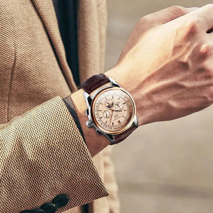 Forsining Moon Phase Shanghai Movement Rose Gold Case Brown Bracelet En Cuir Véritable Montres Pour Hommes Top Brand Luxury Auotmatic Watch with Gift Box